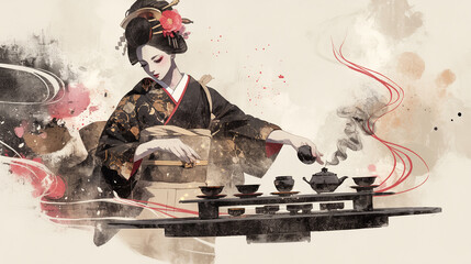 Obraz premium Tea ceremony, Japan, etiquette, mastery, Japanese spirit, sumi-e, ink painting, Japanese art, Japanese painting, Zen, meditation, wabi-sabi,
