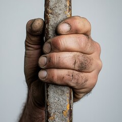 Obraz premium Close-Up of a Dirty Hand Gripping a Rusty Metal Rod Against a Plain Background