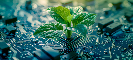 A fresh green leaf sprouting from a computer processor. Represents the concept of nature and technology merging. Great for visual content related to green computing and biomimicry