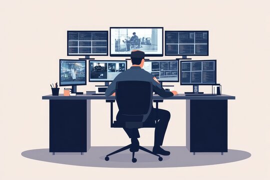 recommend clip art: A security guard sitting at his desk, with multiple monitors displaying video screens and police data on the screen, in a flat illustration style, with a simple background and a white color scheme.