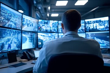 Photo of a security guard watching multiple screens in the control room, ensuring peace and safety for people within his purview.
