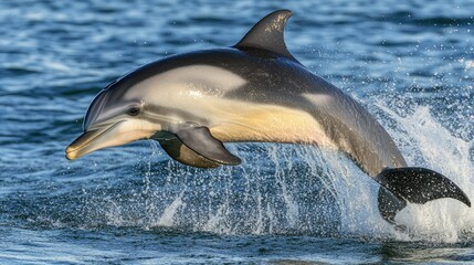 Fototapeta premium A dolphin leaps out of the water, showcasing its agility and grace in a natural setting.
