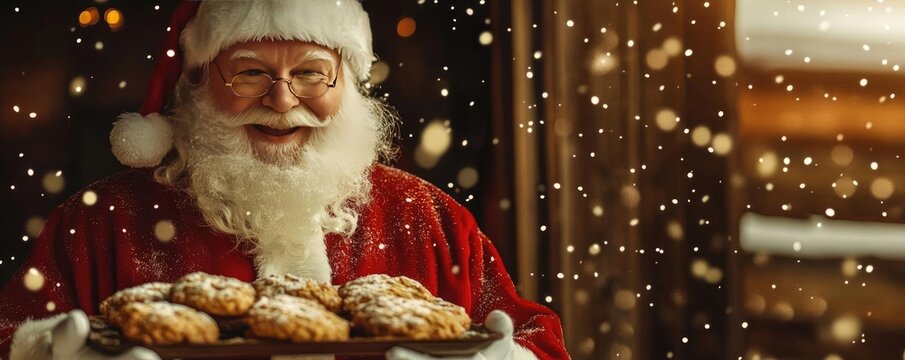 Festive Santa Claus joyfully presents a tray of cookies against a snowy backdrop, embodying the spirit of Christmas and celebration.