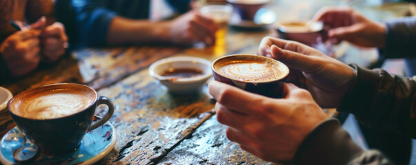 Close up image of a group cafe meeting