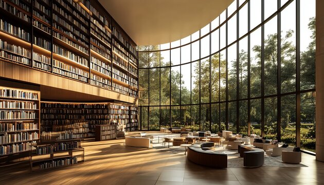 Dynamic depiction of a library with spacious reading areas, diverse book collections, and modern design, engaging and clean atmosphere