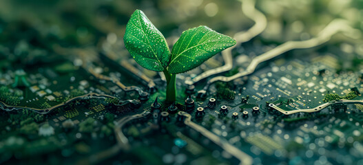 A green plant growing from a computer chip. Concept of technology and nature, sustainability, and eco-friendly technology. Perfect for articles, blog posts, and presentations about green tech.