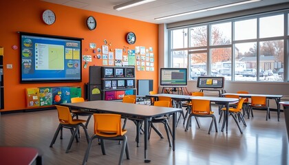 Dynamic image of educational tools like interactive screens and educational software in a contemporary classroom, engaging and colorful design
