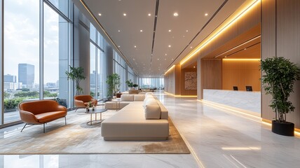 Modern office lobby with sleek furniture and large windows.