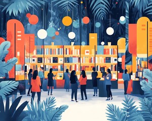 Illustration of a vibrant reading campaign event with diverse participants, colorful banners, and engaging book displays, modern and dynamic design