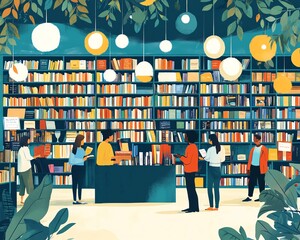Illustration of a vibrant reading campaign event with diverse participants, colorful banners, and engaging book displays, modern and dynamic design
