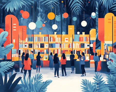 Illustration of a vibrant reading campaign event with diverse participants, colorful banners, and engaging book displays, modern and dynamic design