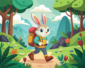 Rabbit walking through the forest with a backpack, shoe, and vector animal illustration Illustrator Artwork