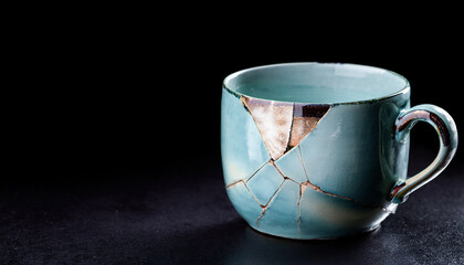 Mug, old, blue, porcelain, pottery, cracked, chipped, grafted, black background, close-up
