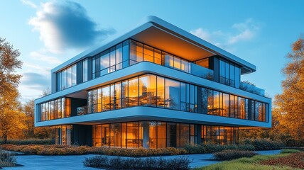 Obraz premium Modern architectural design featuring large glass windows.