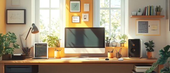 Modern depiction of a writer s workspace with various writing tools and tech gadgets, clean and engaging design, bright and inviting atmosphere