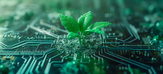 A green plant growing from a computer chip. Concept of technology and nature, sustainability, and eco-friendly technology. Perfect for articles, blog posts, and presentations about green tech.
