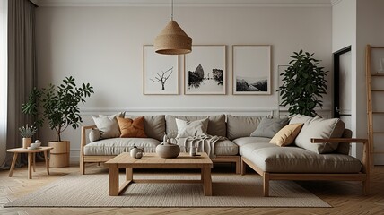 Cozy living room interior, Scandinavian style. Wooden furniture and elegant.