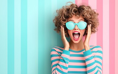 Cheerful Woman with Curly Hair and Stylish Sunglasses