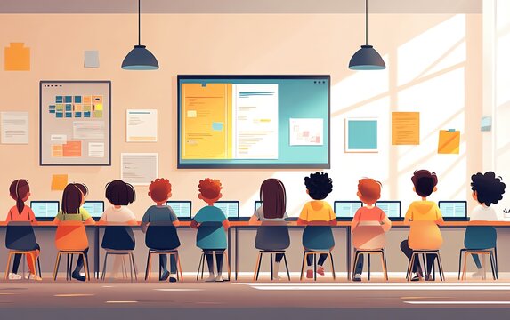 Bright and inviting image of a reading comprehension program with diverse learners using digital aids and interactive materials, clean design