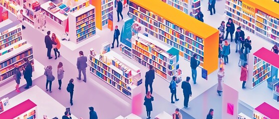 Dynamic scene of book lovers at a vibrant book fair, browsing through colorful book displays and engaging with authors, clean and modern design