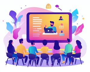 Dynamic scene of elearning with a virtual instructor leading a class via video conference, students participating from various locations, clean design