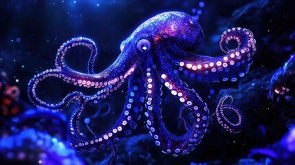 Obraz premium A vibrant octopus gliding through a colorful underwater scene filled with shimmering lights.