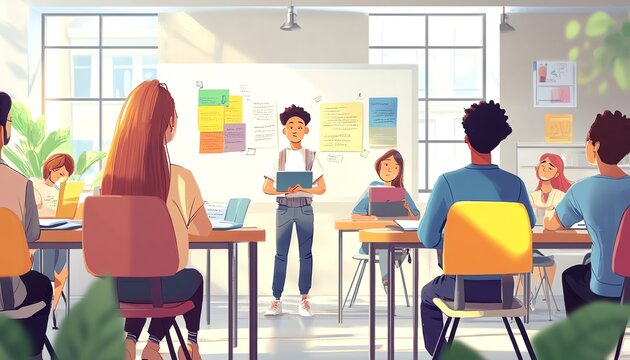 Illustration of a reading comprehension workshop with diverse learners engaged in interactive exercises, digital tools, and vibrant educational materials, modern design