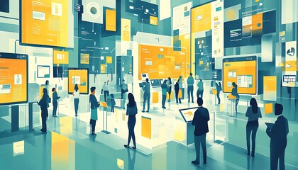 Illustration of diverse individuals engaging in digital literacy training with interactive screens, online tutorials, and modern technology, bright and clean design