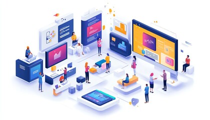 Obraz premium Illustration of diverse individuals engaging in digital literacy training with interactive screens, online tutorials, and modern technology, bright and clean design