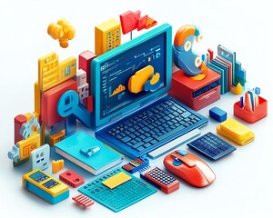 Stylish depiction of digital literacy education with visual aids, online tools, and handson learning activities, clean and engaging design