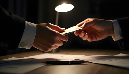 Handing Cash in a Dimly Lit Room