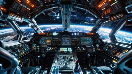 Fototapeta premium Spaceship Cockpit View of Earth