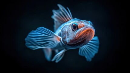 Fototapeta premium Fast-moving abyssal fish with bioluminescent patterns, weaving through the dark waters to evade predators