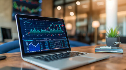online trading business data statistics displayed on laptop screen on the table in modern office