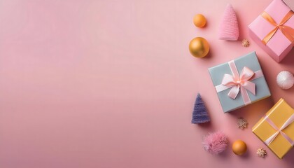 HAPPY New Year banner template. Flat lay composition with wrapped gifts, and on pastel