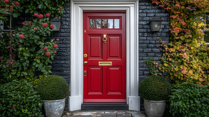 Fototapeta premium A classic red front door with gold accents, framed by white trim and lush greenery.