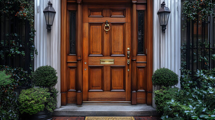 A classic wooden door with brass hardware and a welcoming mat. Flanked by bushes and lanterns, it exudes charm and elegance.