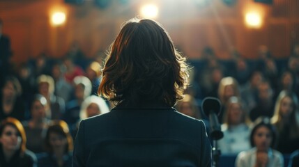 business woman giving a talk in an auditorium generative ai