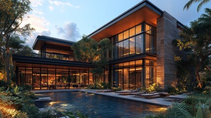 Obraz premium Modern luxury home with a pool surrounded by lush greenery.