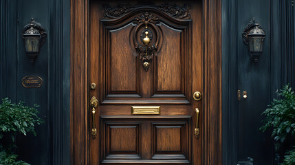 A classic wooden door with ornate details, brass hardware, and a black background.