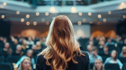business woman giving a talk in an auditorium generative ai