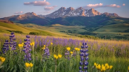 A serene landscape featuring vibrant flowers in the foreground and majestic mountains in the background.