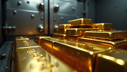 Gold Bars Stacked in a Bank Vault