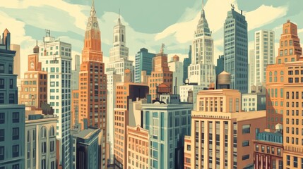 A vibrant cityscape with tall buildings reaching for the sky, showcasing the bustling energy of a modern metropolis.