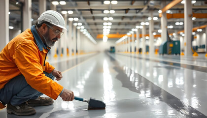 Fototapeta premium Construction Worker Applying Epoxy Coating to a Factory Floor