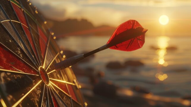 red dart arrow hitting target center dart board on sunset background generative ai