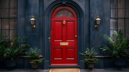 A red door with gold accents and potted plants on a gray building.