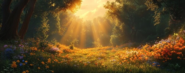 Realistic photo of a lush Asian forest with vivid wildflowers, grand trees, and golden light streaming through, capturing excellent detail and sharpness in the imagery
