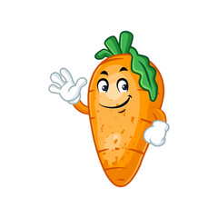 Cute and happy cartoon carrot character waving, perfect for healthy food promotions and children's illustrations. 