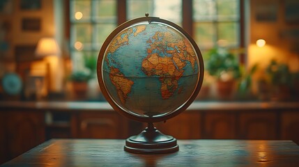 A vintage globe on a wooden table in a cozy room.